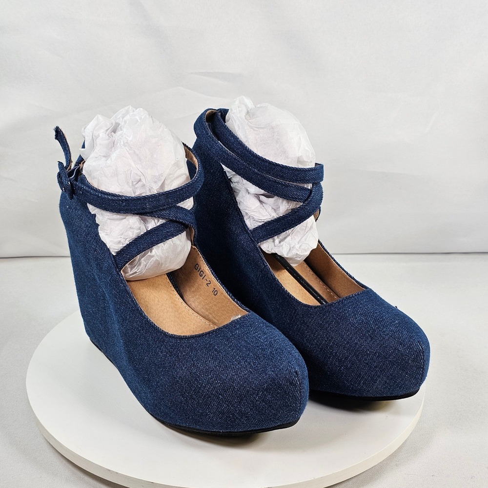 Mila Lady Gigi-2 Navy Blue Denim Wedge Heels Ankle Strap Platform Shoes Size 10
